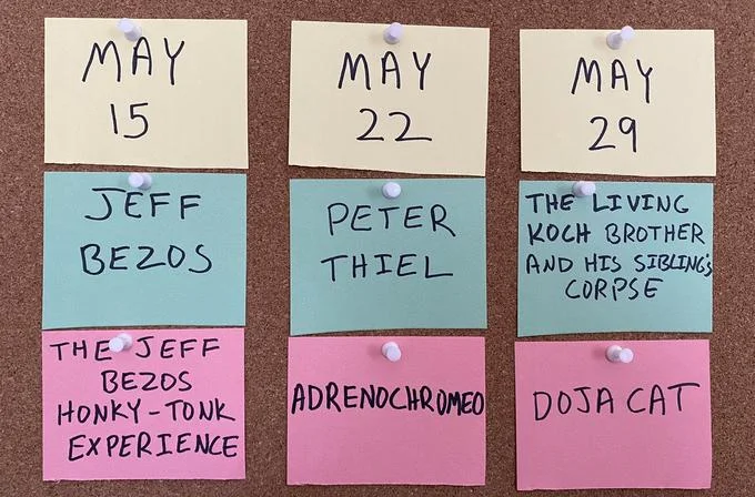 Saturday Night Lives Elon Musk Announcement Parodies — Grid layout displaying three SNL meme parodies: May 15 Bezos honky-tonk, May 22 Thiel Adrenaline, May 29