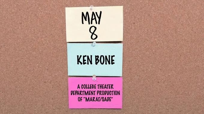 Saturday Night Lives Elon Musk Announcement Parodies — Meme with 'MAY 8', 'KEN BONE', and 'A COLLEGE THEATER DEPARTMENT PRODUCTION OF MARAT/SADE' combining