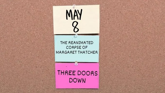 Saturday Night Lives Elon Musk Announcement Parodies — Meme parody with 'MAY 8', 'THE REANIMATED CORPSE OF MARGARET THATCHER', and 'THREE DOORS DOWN' combining