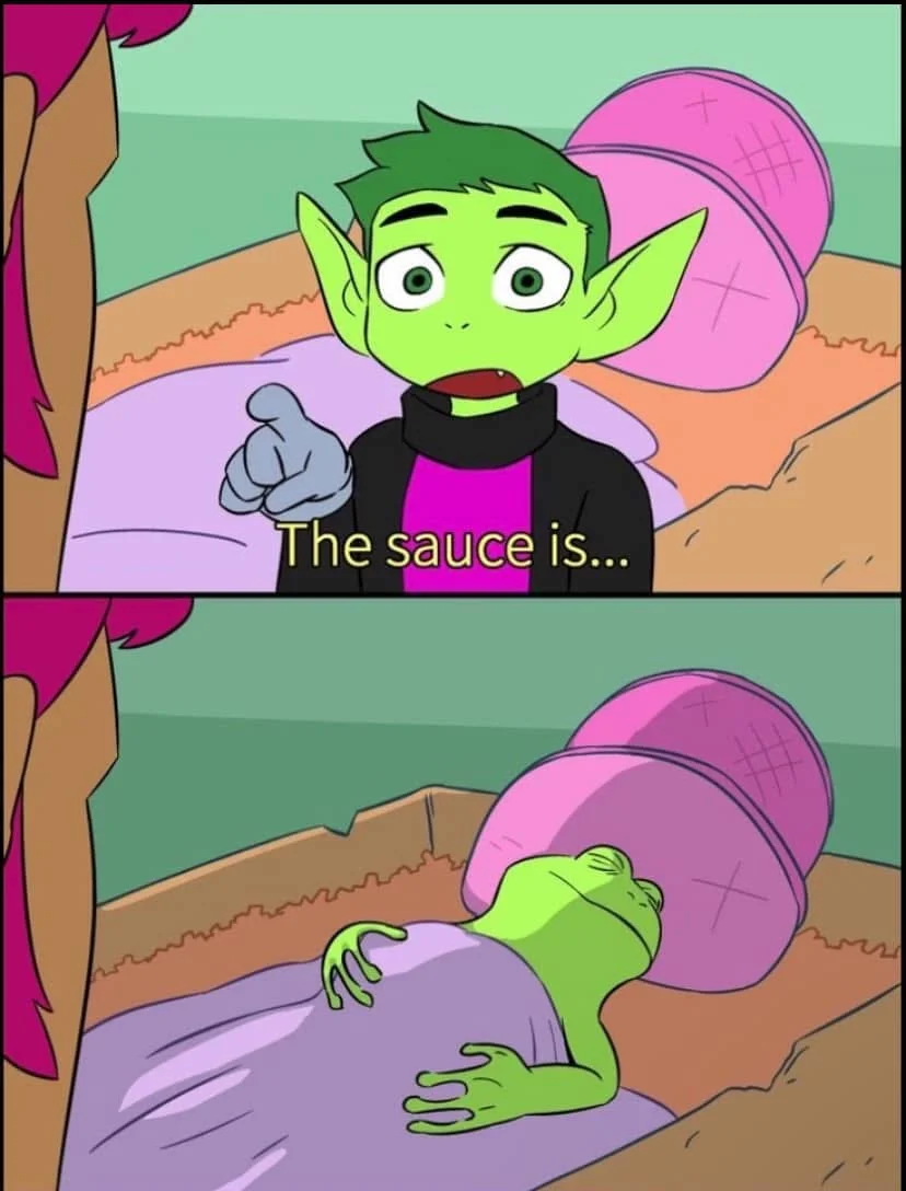 Teen Titans Raven meme distorted into Shrek with text 'There is no Easter Bunny, there is no Tooth Fairy, and there is no sauce.'