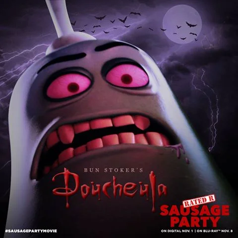 Sausage Party Halloween promo poster 'Bun Stoker's Doucheula' with the Douche character as Dracula.