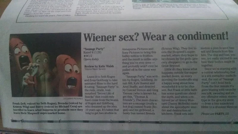 Newspaper review clipping of Sausage Party movie titled 'Wiener sex? Wear a condiment!'