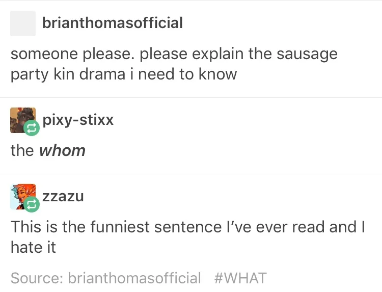 Tumblr text post thread discussing sausage party kin drama with confused reactions.
