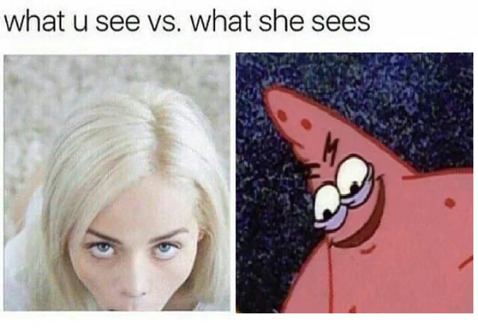 Savage Patrick meme edited to show Patrick wearing a blonde wig with a NSFW caption