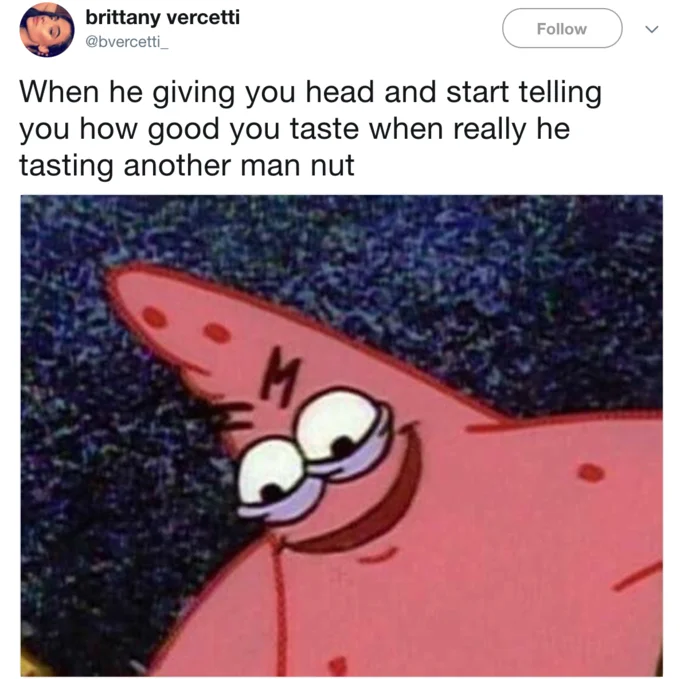 Tweet by brittany vercetti featuring the Savage Patrick meme with a NSFW caption