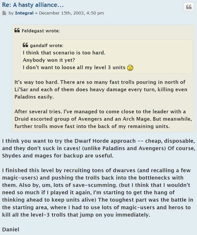 Save Scumming — Forum post from 2003 using the term save-scumming in a strategy discussion