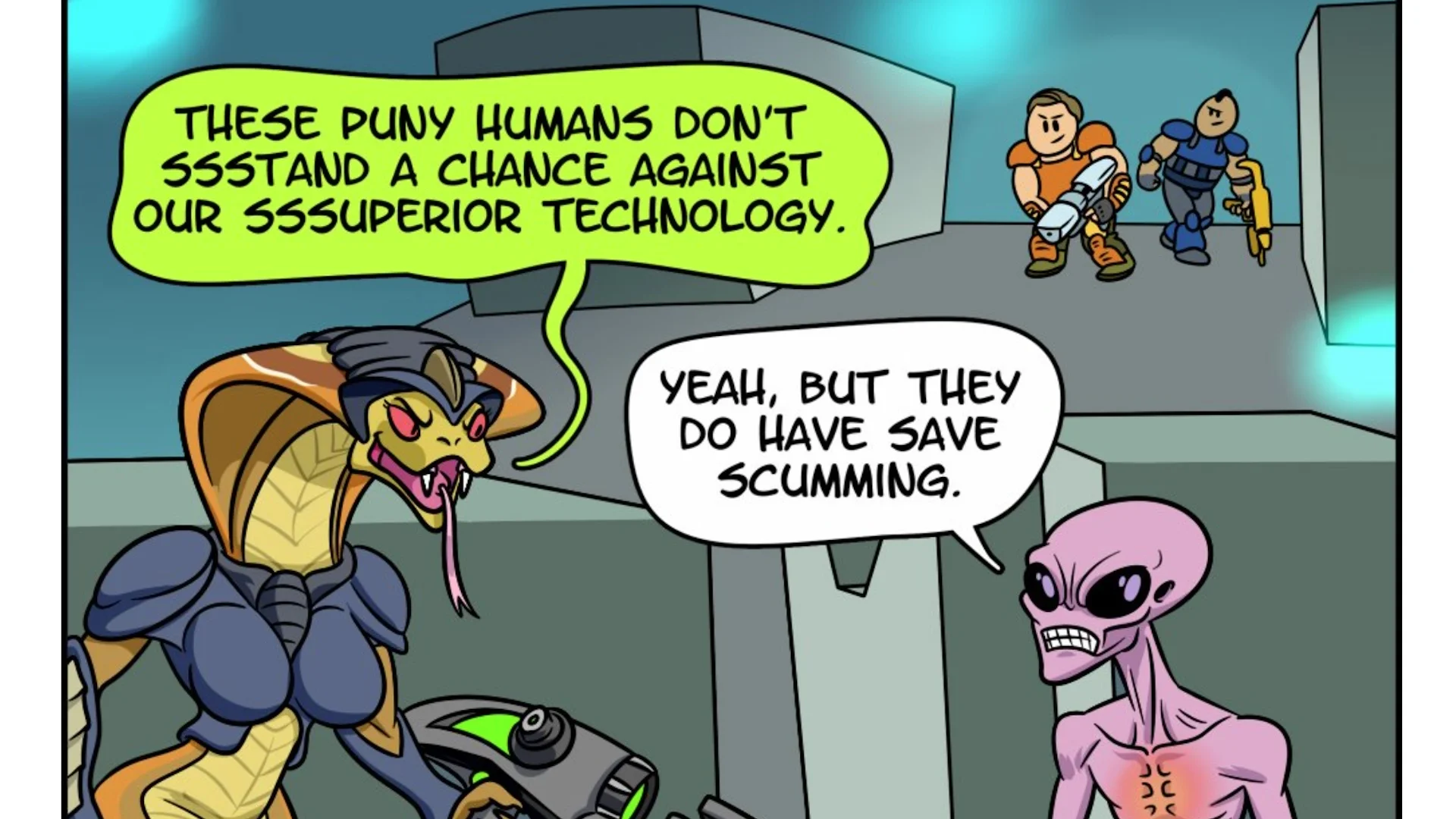 Comic of snake alien and pink alien discussing humans' save scumming ability