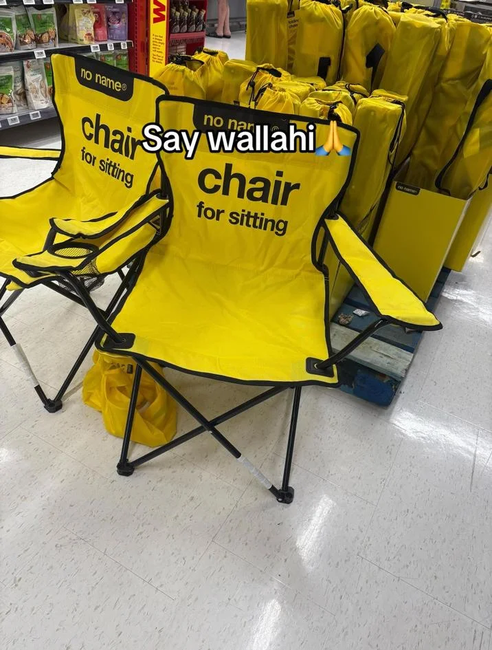 Say Wallahi Bro — Yellow No Name folding chairs labeled 'chair for sitting' with Say Wallahi text overlay