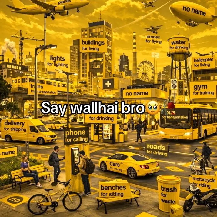 Say Wallahi Bro — AI generated yellow city scene with No Name style literal labels on every object