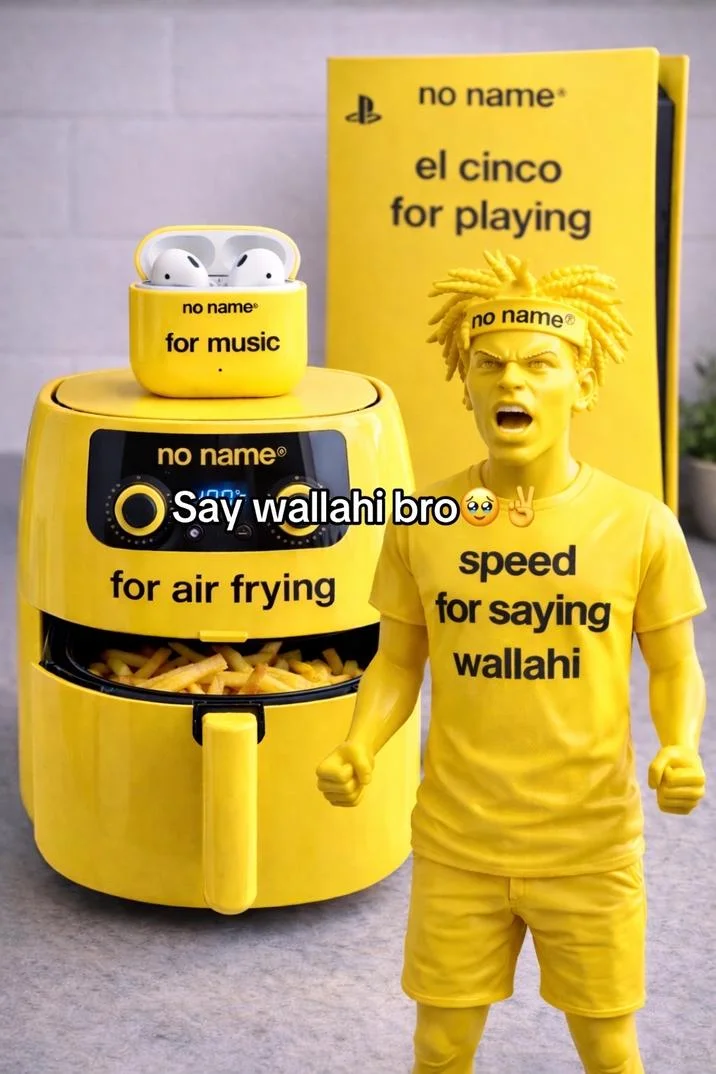 Say Wallahi Bro — Yellow air fryer, AirPods, PlayStation and IShowSpeed figurine labeled No Name style