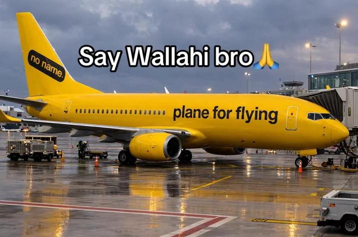 Yellow no name branded airplane labeled 'plane for flying' with Say Wallahi bro caption