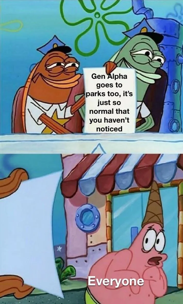 Two-panel meme with fish cops holding a sign about Gen Alpha, with Scared Patrick labeled Everyone below