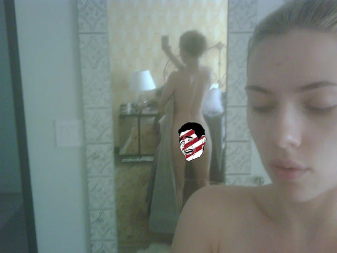 Scarlett Johansson Leaked Nudes — Larger version of the censored Scarlett Johansson mirror selfie with a Rage Face sticker.
