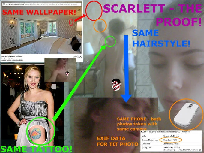 Scarlett Johansson Leaked Nudes — Annotated infographic comparing wallpaper, hairstyle, tattoo, and EXIF data to authenticate the leaked photos.