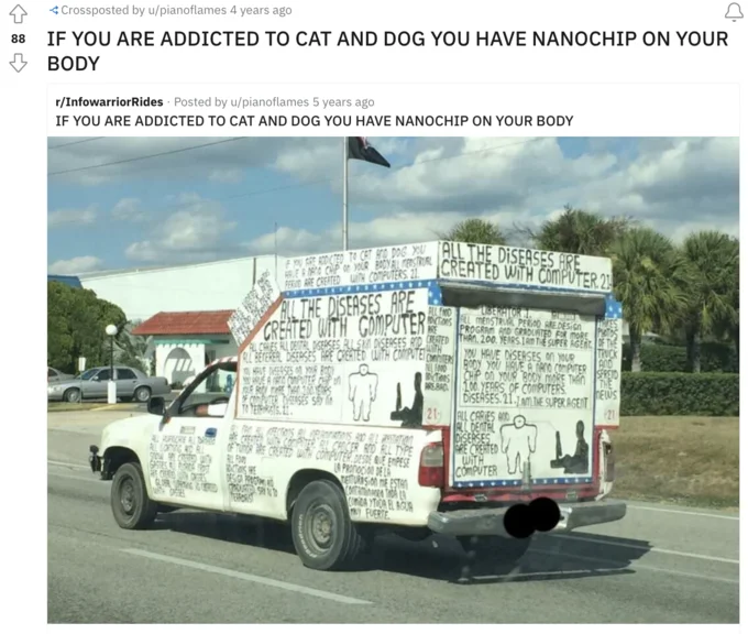 Schizophrenia Rides Schizo Whips — Reddit post showing a truck covered in text about diseases and nanochips