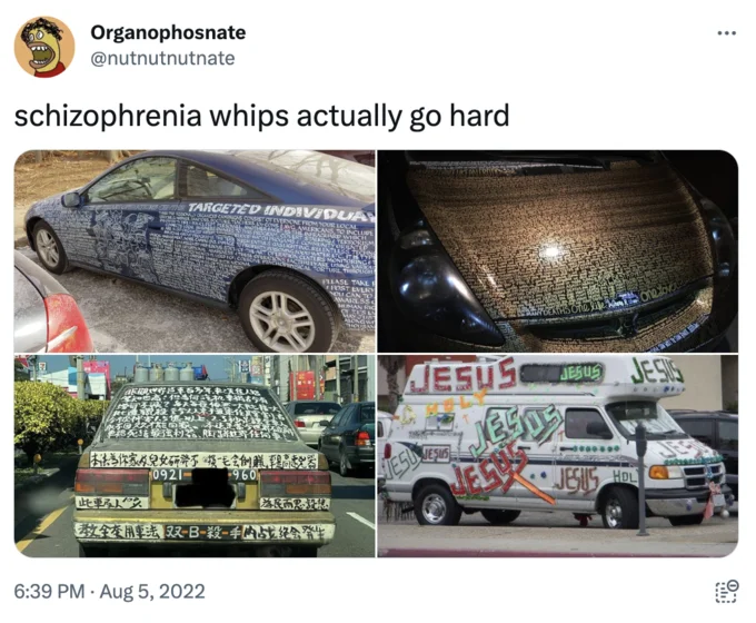 Schizophrenia Rides Schizo Whips — Twitter post captioned 'schizophrenia whips actually go hard' with four-panel car collage