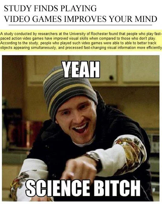 Multi-panel meme combining article about video games improving cognition with Jesse Pinkman and 'YEAH' 'SCIENCE BITCH' text.