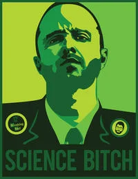 Pop art style portrait in green and yellow tones featuring face with 'SCIENCE BITCH' text below in artistic rendering.