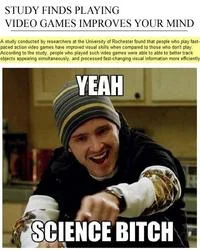 Multi-panel meme pairing scientific article about video games with Jesse Pinkman and 'YEAH' 'SCIENCE BITCH' text.