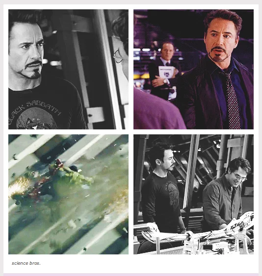 Four-panel Tumblr-style photoset of Tony Stark and Bruce Banner captioned science bros.