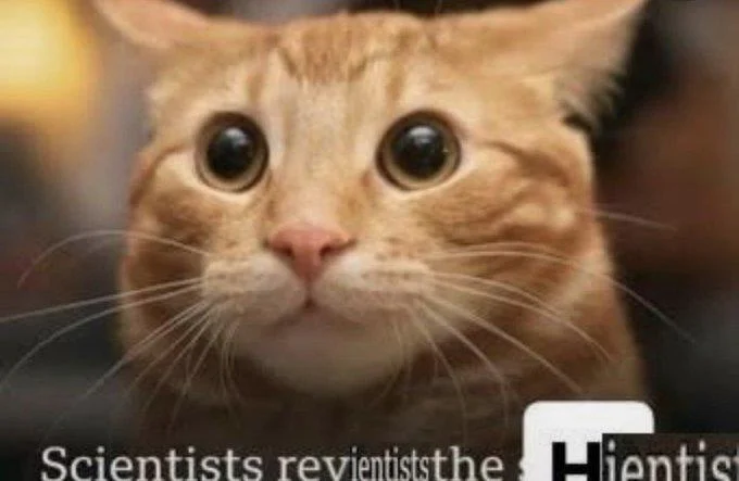 Scientists Reveal the Hi — Wide-eyed orange cat with glitched repeated 'Scientists' caption text