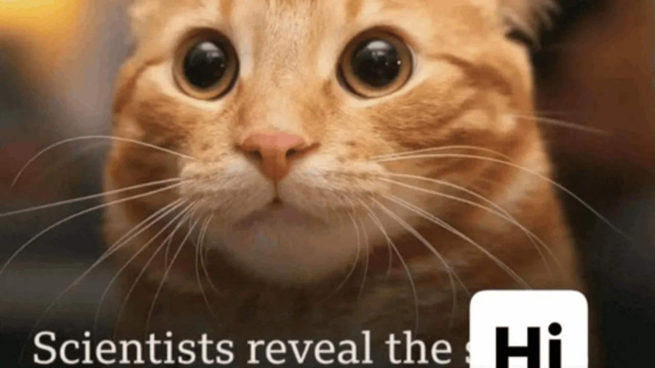 Scientists Reveal the Hi — Close-up of a startled orange cat with text 'Scientists reveal the' and a 'Hi' label covering part of the headline