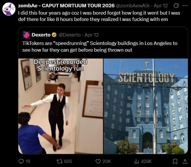 Scientology Run Speedrun — Tweet contrasting how people over 30 and Gen Z view Scientology