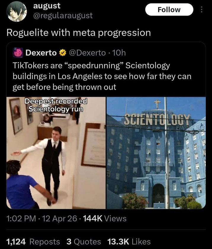 Scientology Run Speedrun — Tweet reacting to Dexerto news article about TikTokers speedrunning Scientology buildings