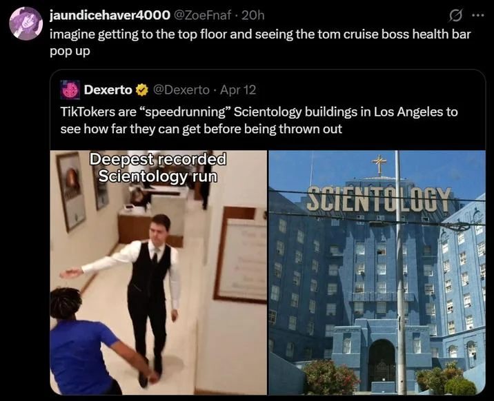 Scientology Run Speedrun — Tweet suggesting Meta glasses should be used for recording Scientology speedruns