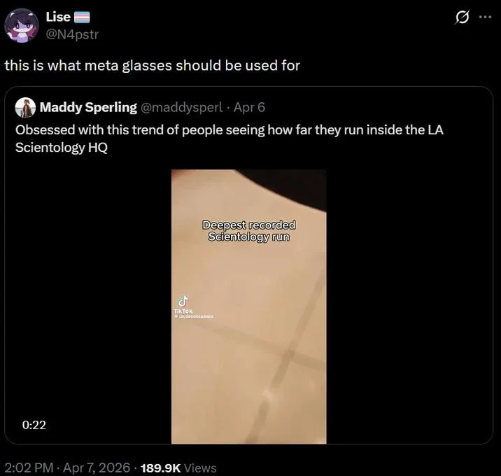 Scientology Run Speedrun — Tweet calling the Scientology speedrun trend a roguelite with meta progression