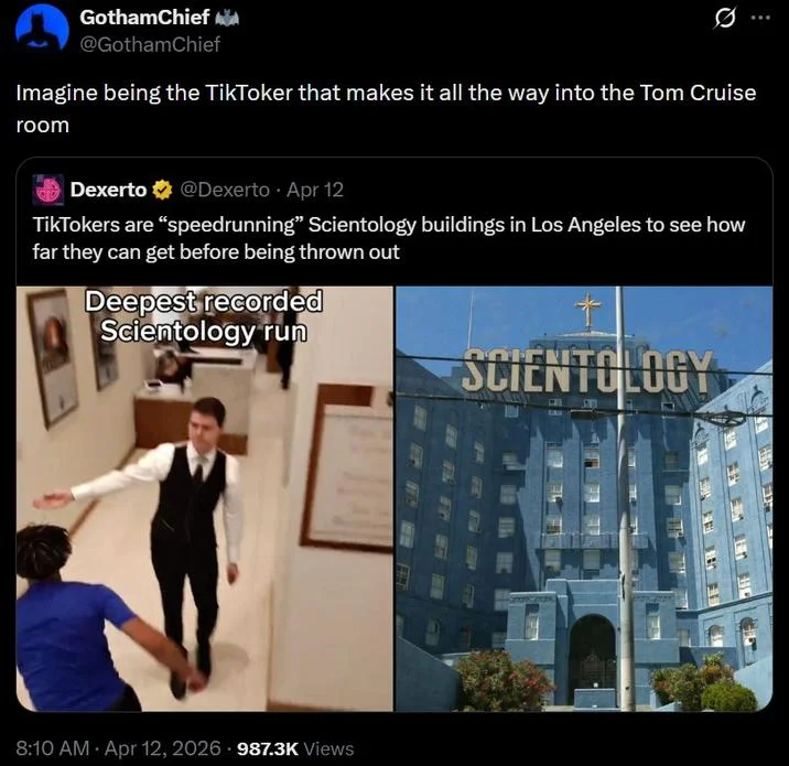 Scientology Run Speedrun — Three-panel collage of TikTok videos showing people speedrunning inside Scientology buildings