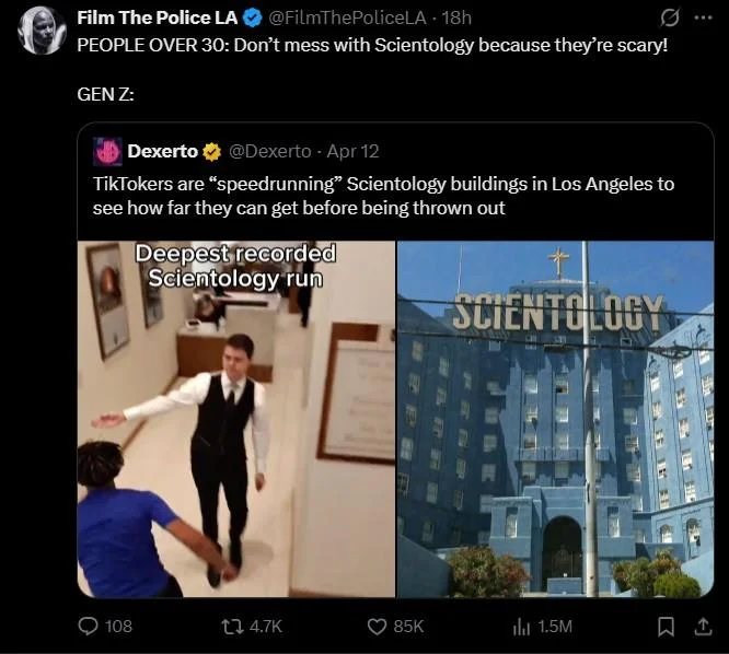 Scientology Run Speedrun — Tweet joking about a Tom Cruise boss health bar appearing at the top floor of Scientology