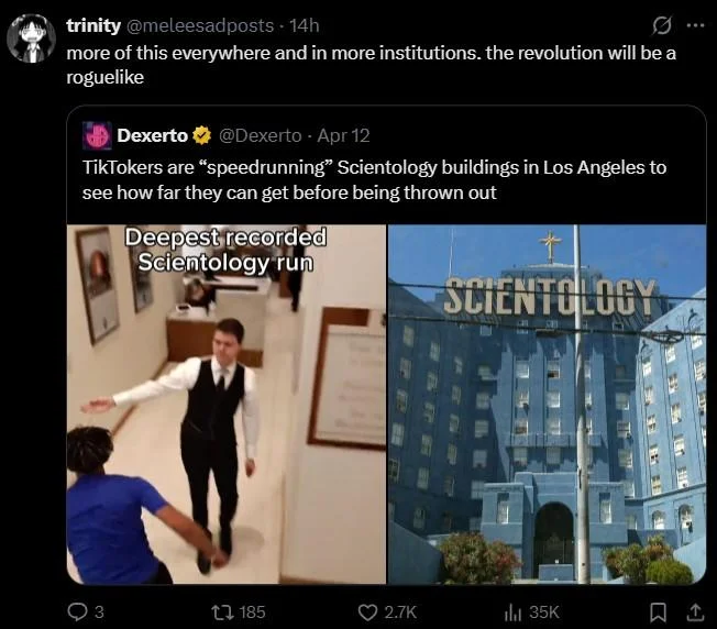 Scientology Run Speedrun — Tweet from user claiming they did the Scientology run four years ago for eight hours