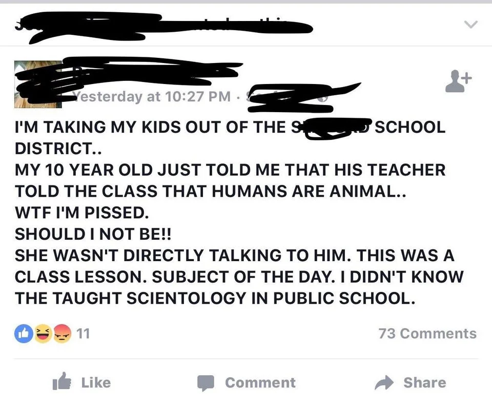 Facebook post mistaking evolution for Scientology in a school lesson
