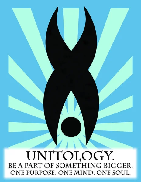 Scientology — Unitology parody religion logo with cyan rays and dark symbol