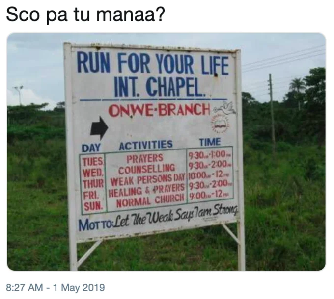 Tweet with 'Sco pa tu manaa?' caption above a photo of a Nigerian church sign listing weekly activities