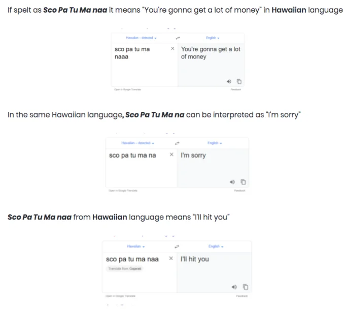 Sco Pa Tu Manaa — Google Translate screenshots showing different Hawaiian translations of 'Sco pa tu ma naa'