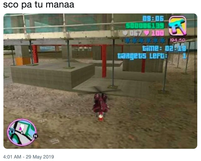 Tweet reading 'sco pa tu manaa' with a GTA Vice City gameplay screenshot