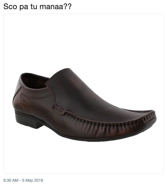 Tweet reading 'Sco pa tu manaa??' with a photo of a brown leather loafer