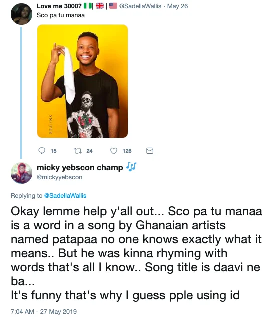Twitter thread explaining 'Sco pa tu manaa' originates from a song by Ghanaian artist Patapaa