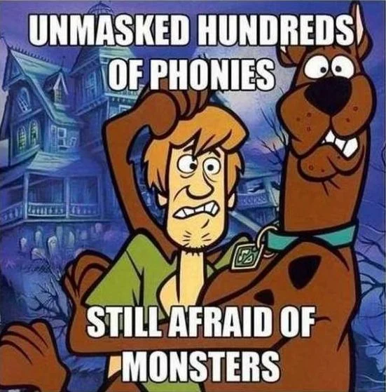 Scooby Doo Unmasking — Meme variant featuring Scooby-Doo characters performing unmasking reveal with heavy Impact font text overlay showing mask-pulling action.