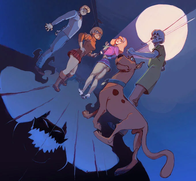 Fan art of the Scooby-Doo gang facing a monster under moonlight