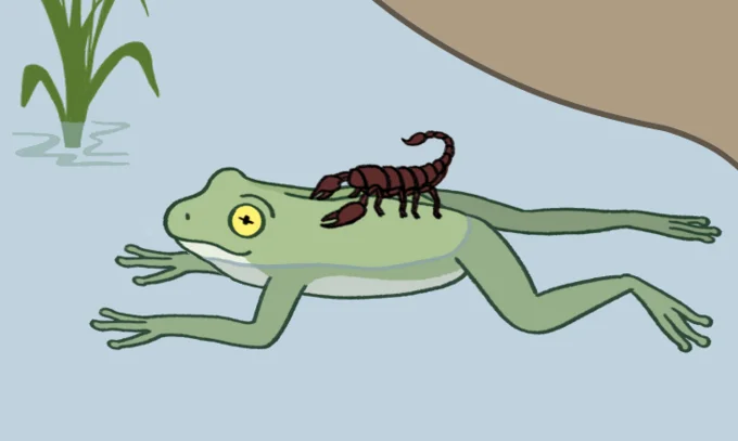 Scorpion and Frog — Cartoon illustration of a green frog swimming while a scorpion sits on its back, no text.