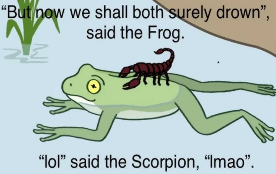 Scorpion and Frog — Cartoon frog swimming with scorpion on its back, with captioned dialogue about drowning and the scorpion replying 'lol lmao'.