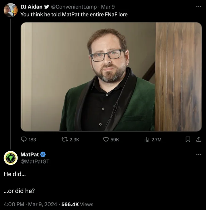 Scott Cawthon's MatPat Final Theory Cameo — Tweet proposing matching profile pictures of a Michael Afton portrait and Scott Cawthon as Gordon Freeman