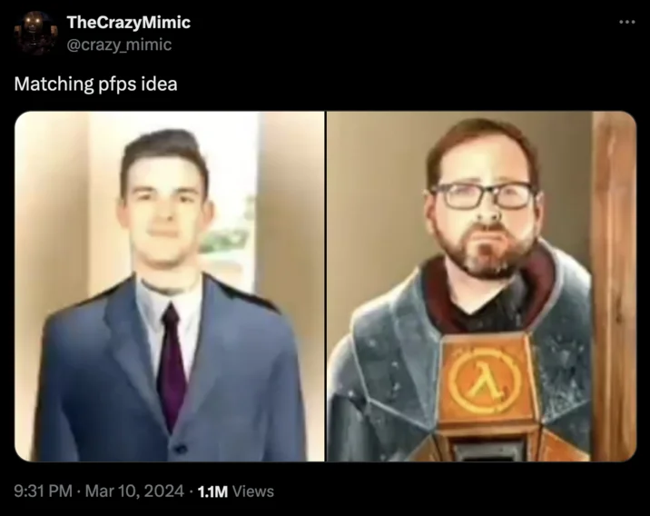 Scott Cawthon's MatPat Final Theory Cameo — Two-panel meme comparing casual MatPat on his own set to the formal Scott Cawthon cameo portrait