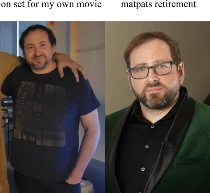 Scott Cawthon's MatPat Final Theory Cameo — Twitter post comparing a casual MatPat photo to Scott Cawthon's dramatic cameo, with a quoted JonnyBlox tweet