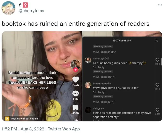 Scott Pilgrim Vs The World Ruined A Whole Generation Of Women — Tweet saying BookTok ruined a generation of readers with a TikTok about a dark romance novel