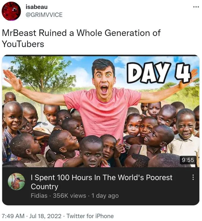 Scott Pilgrim Vs The World Ruined A Whole Generation Of Women — Tweet claiming MrBeast ruined YouTubers, showing a Fidias thumbnail that mimics MrBeast's