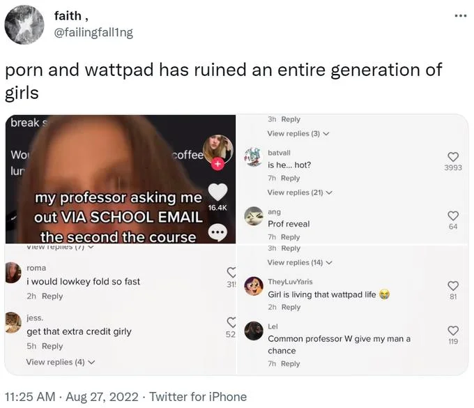 Scott Pilgrim Vs The World Ruined A Whole Generation Of Women — Tweet claiming porn and Wattpad ruined a generation of girls, showing a TikTok about a